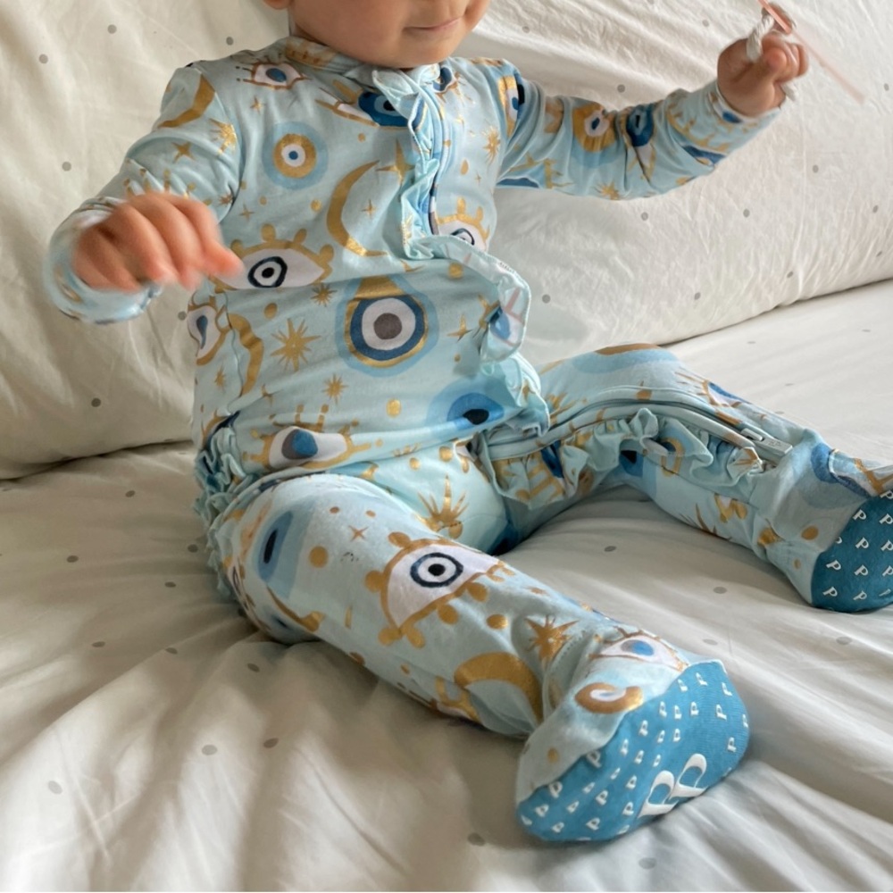 [Posh Peanut] Celestial Fiona Footie Ruffled Zippered Evil Eye Gold - 6-9 mo